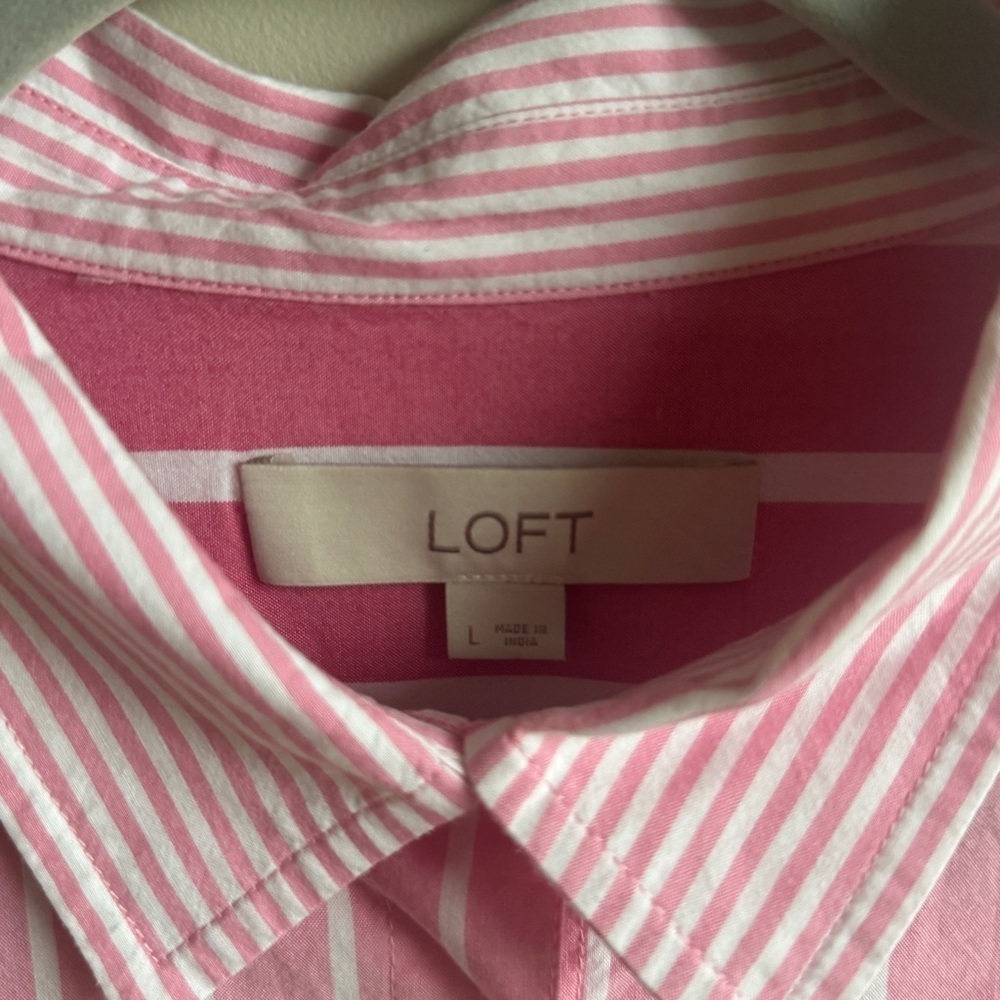 LOFT Pink Striped Poplin Oversized Button Down Shirt Women’s Size Large - Picture 6 of 8
